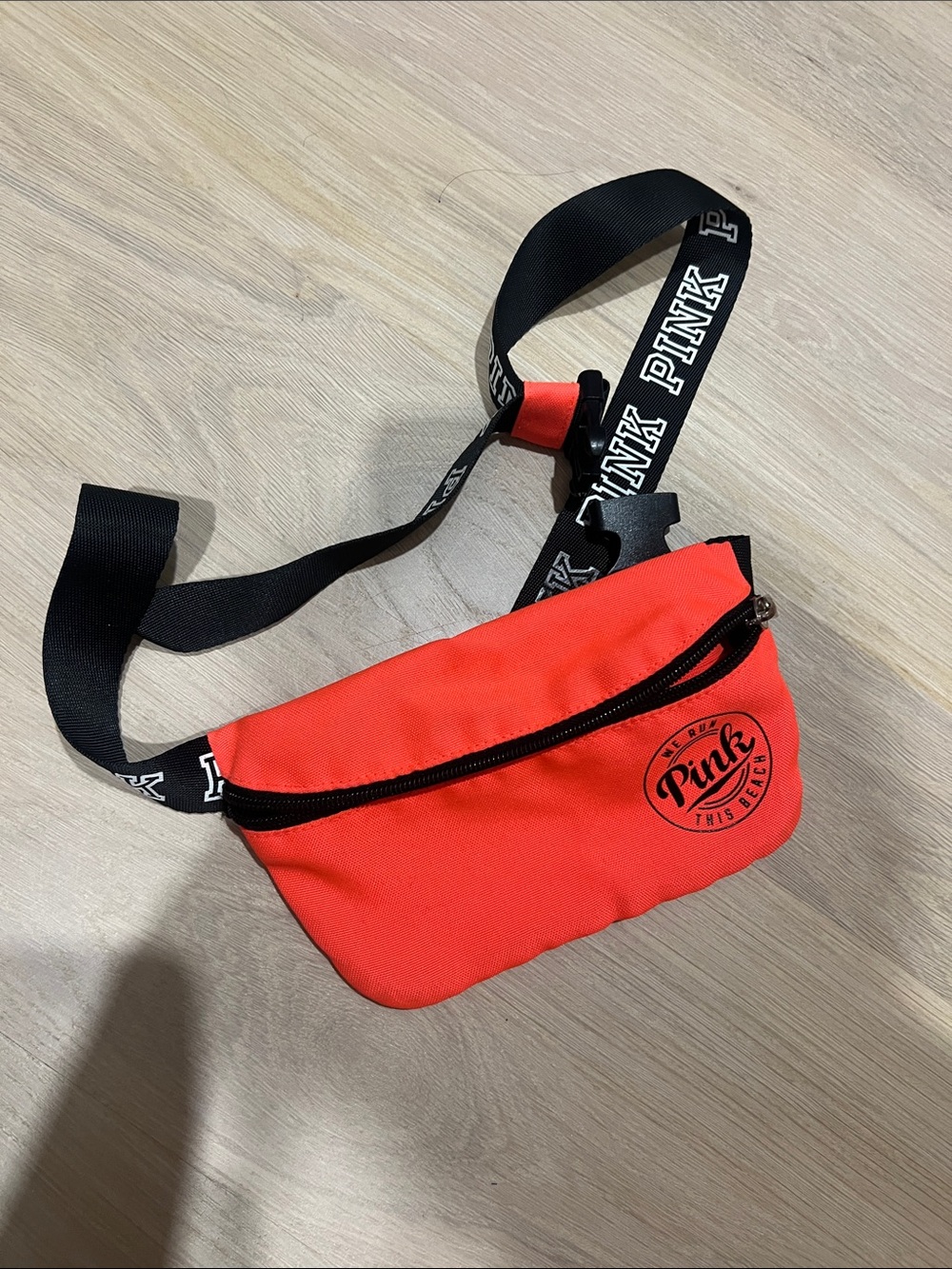 PINK Neon Orange Belt Bag with Black Logo Strap